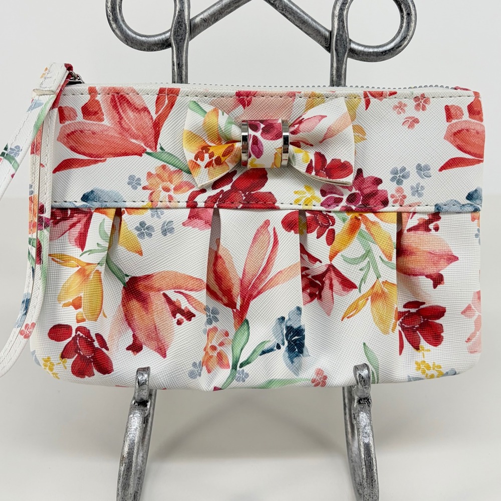 Safe Keeper Floral Wristlet Clutch Women Small White Red Orange Bow Pleated